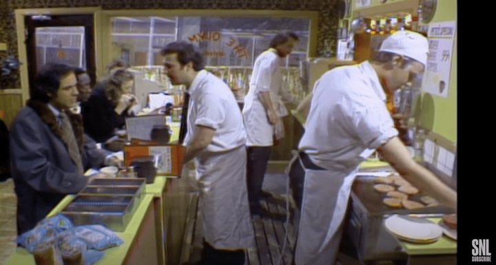 John Belushi, Dan Akroyd, & Bill Murray run a Greek family Diner during a skit on Saturday Night Live from 1978