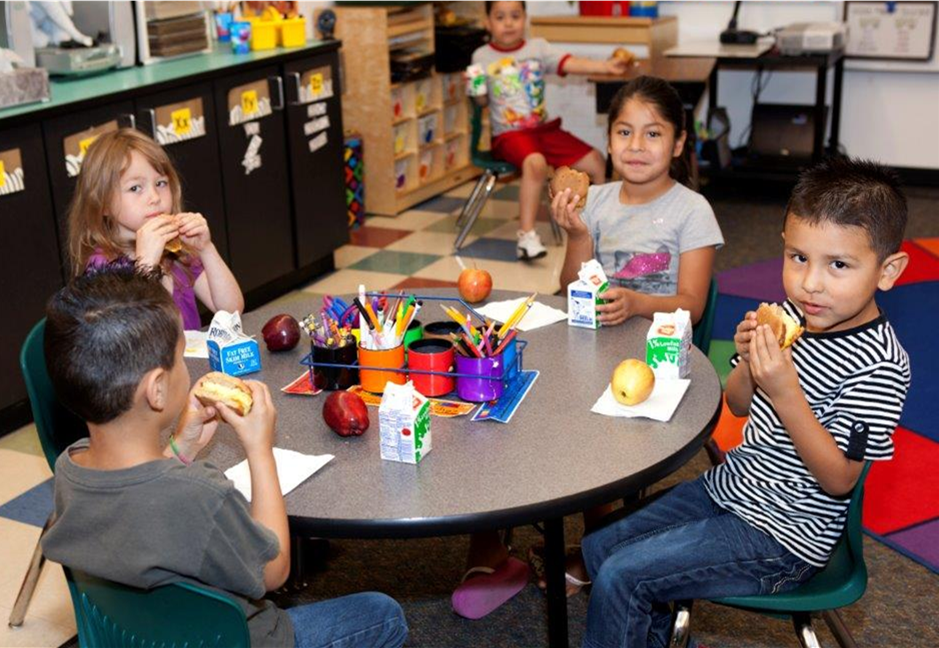 Children eating around a table